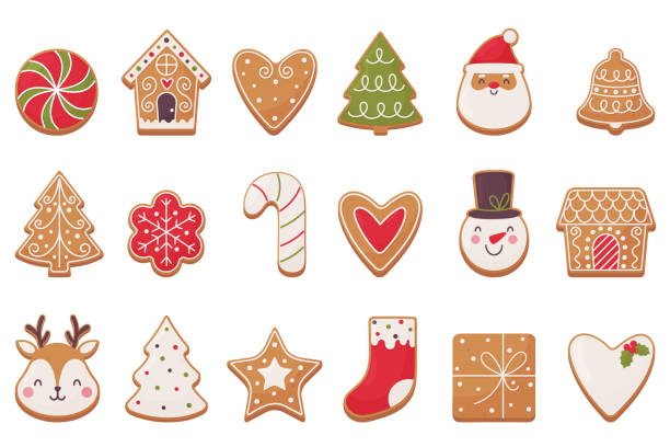 ilustrações de stock, clip art, desenhos animados e ícones de christmas gingerbread set. bright symbols of christmas on a white background. - cookie