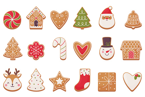Christmas gingerbread set. Bright symbols of Christmas on a white background. Vector illustration