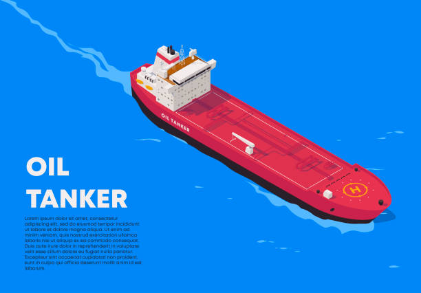 ilustracja wektorowa szczegółowego tankowca w izometrii, pływającego po morzu - kerosene oil stock illustrations