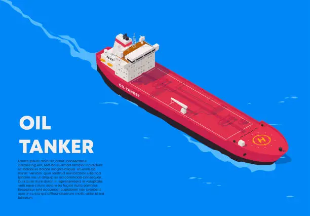 Vector illustration of vector illustration of a detailed offshore oil tanker in isometry, floating on the sea