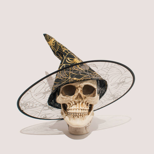 istock Realistic human skull with a witch's hat on pastel beige background. Aesthetic Halloween background in a minimalistic style. 1423984789