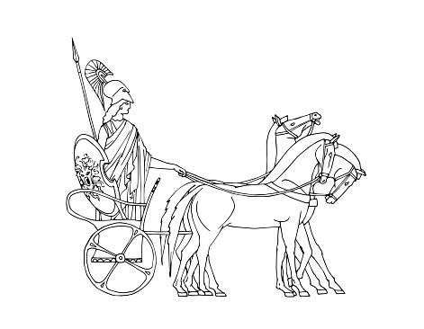 Athena on a chariot. An ancient Greek goddess. A symbol of glory and victory. Vector illustration with contour lines in black ink isolated on a white background in cartoon and hand drawn style.
