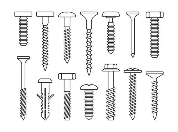 Vector illustration of Fasteners, Bolt and Screws Set on White Background. Vector