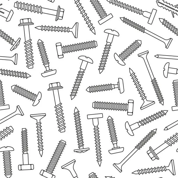 Vector illustration of Fasteners and Screws Seamless Pattern on White Background. Vector