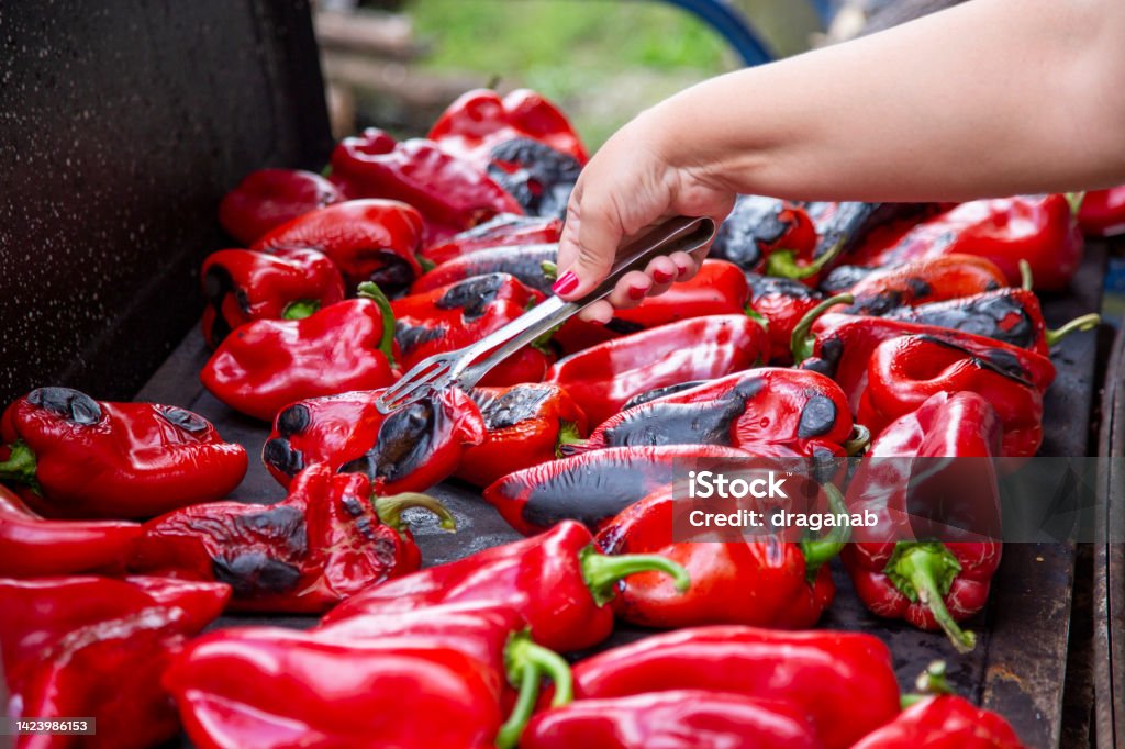 Ajvar homemaking in Serbia Close-up of a woman's hand roasting red peppers for ajvar. Roasting peppers outdoors on a wood burning stove. Serbian traditional process of making ajvar. Ajvar Stock Photo