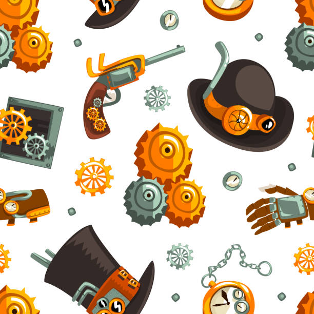 ilustrações de stock, clip art, desenhos animados e ícones de steampunk retrofuturistic technology with industrial steam-powered mechanism vector seamless pattern - anachronistic