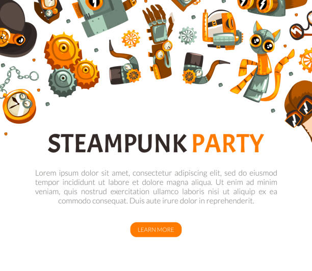 ilustrações de stock, clip art, desenhos animados e ícones de steampunk retrofuturistic technology design with industrial steam-powered mechanism vector template - anachronistic