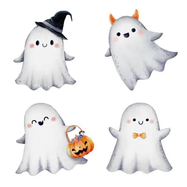 Vector illustration of Set of watercolor Halloween Ghost set 1. Vector illustration.