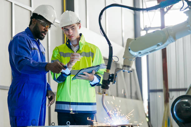 Multiracial Engineer colleague discussing in Robot Development Plant stock photo