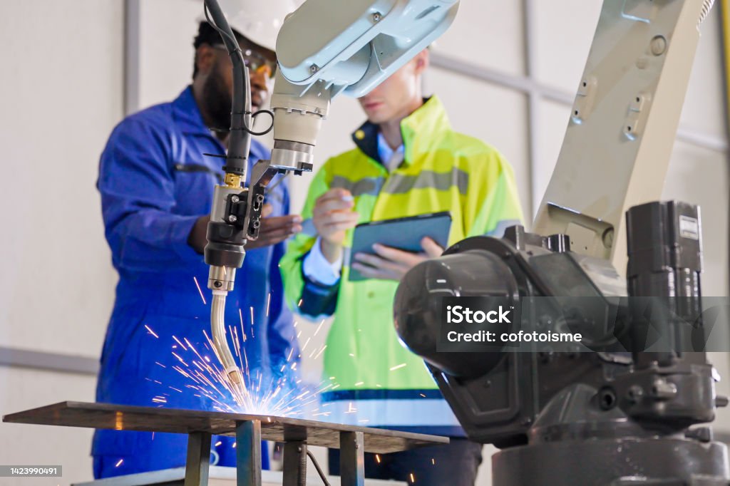Robotics Engineer working in automated manufacturing, automatic welding torch development Close up an automatic welding torch with a multiracial Engineer colleague discussing the Robot Development Plant, smart factory, and Industry Engineering Intelligence Innovation Technology concept Manufacturing Stock Photo