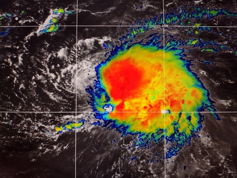 Tropical storm Fiona is slow to gather strength east of the Leeward Islands of the Caribbean. Significant westerly wind shear is preventing rapid growth, but the warm waters continue to generate strong convection east of the center represented in the bright colors in this satellite image.
