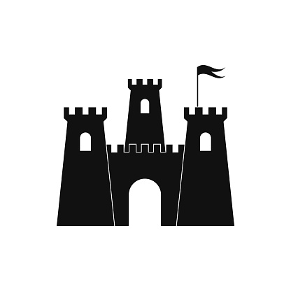 Black medieval castle. Antique fort palace with massive towers and central entrance with waving vector flag