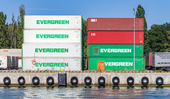 Gdansk, Poland - August 14, 2022: A picture of multiple colorful shipping containers in the Port of Gdansk.