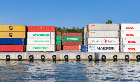 Gdansk, Poland - August 14, 2022: A picture of multiple colorful shipping containers in the Port of Gdansk.