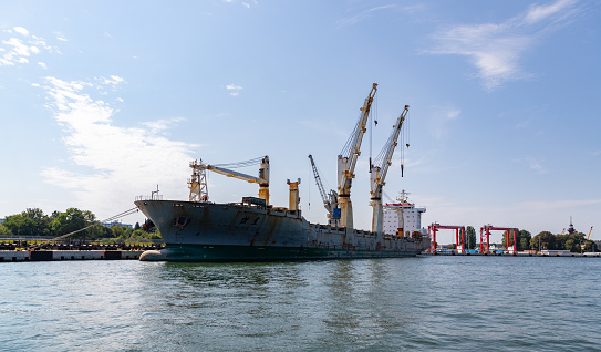 Water level view of heavy lift vessels used in the installation of offshore wind farm  projects.