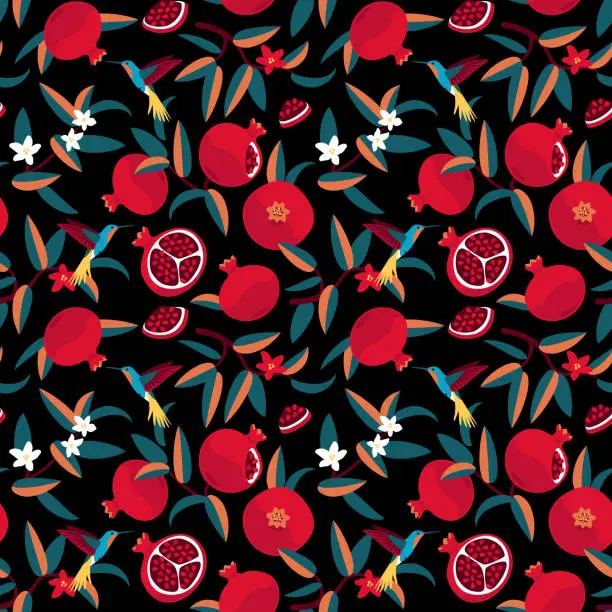 Vector illustration of Pomegranate pattern with hummingbirds