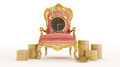 gold and black vintage alarm clock on the floor red king throne with golden bitoins isolated on white background