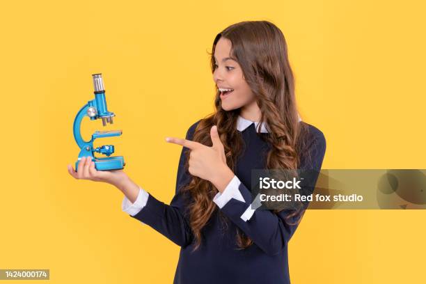 Future Scientist Kid Point Finger On Scope Harness Scientific Method Science And Childhood Stock Photo - Download Image Now