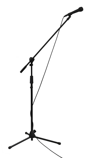 This is a classic microphone on stand on white background.