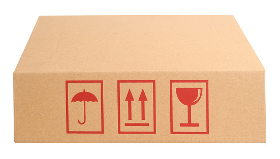 This is a simple cardboard box with packaging symbols for protecting contents.