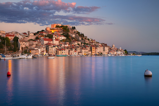 Cityscape image of beautiful coastal Sibenik,  Dalmatia, Croatia at summer sunset.