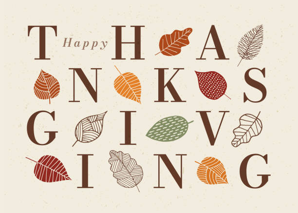 szczęśliwa kartka dziękczynienia z jesiennymi liśćmi. - vector thanksgiving fall holidays and celebrations stock illustrations