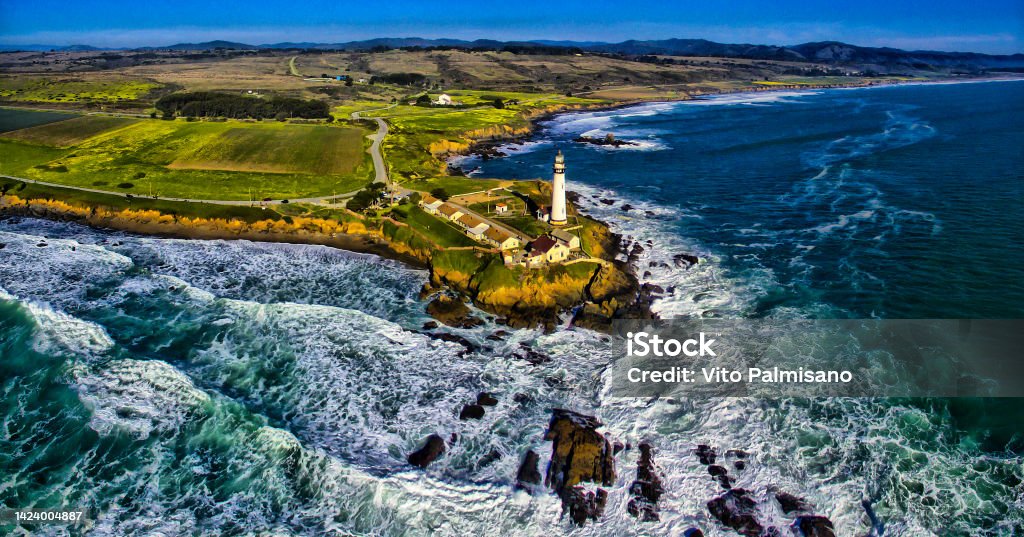 Pigeon Point Lighthouse Aerial,California Aerial View Pigeon Point Lighthouse - Pescadero Stock Photo