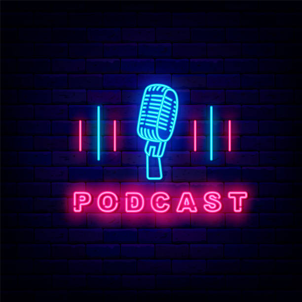 istock Podcast neon label. Shiny typography. Bright microphone with sound waves. Light advertising. Vector stock illustration 1424006608