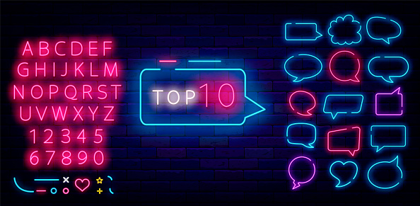 Top 10 neon sign in speech bubble. Hit parade label. Label for radio, talk show and website. Best item charts, Clouds frame collection. Shiny pink alphabet. Editable stroke. Vector stock illustration