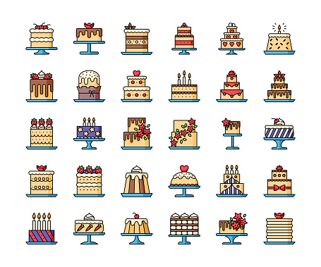 Cake Line Color Icons. Editable Stroke.