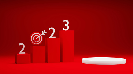2023 growth chart with arrows moving up and Bull's eye target and pedestal podium platform on the red background