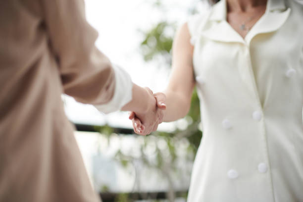Closeup image of businesswomen shaking hands before meeting, selective focus