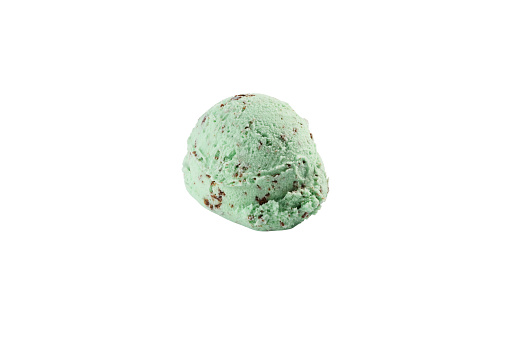 Delicious mint and chocolate chips ice cream scoop, isolated on white