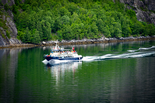 Geirangerfjord near Hellesylt in Norway.  This is a ferry on the Fjord.