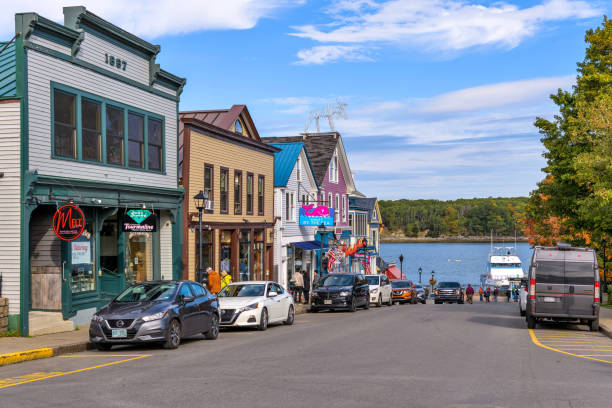 Bar Harbor - A sunny Autumn morning view of the historic Main street of the resort town at shore of Frenchman Bay. Bar Harbor, Mount Desert Island, Maine, USA. stock photo