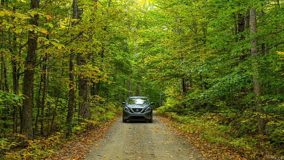Weld, Maine, USA - September 28, 2021: A late model Nissan SUV exploring on a narrow backcountry road in a dense forest on a sunny Autumn morning in Mt. Blue State Park.