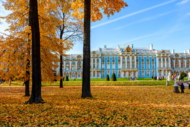 palazzo di caterina in autunno, pushkin, san pietroburgo, russia - palazzo di caterina foto e immagini stock