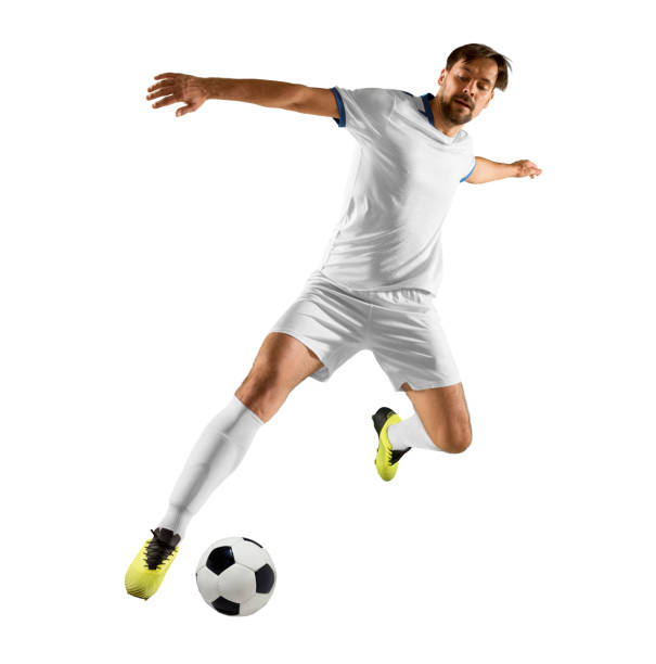 istock Soccer player in action on white background 1424015089