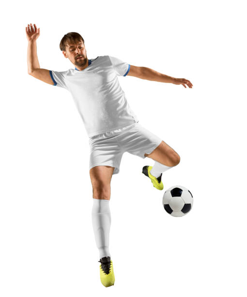 istock Soccer player in action on white background 1424015095