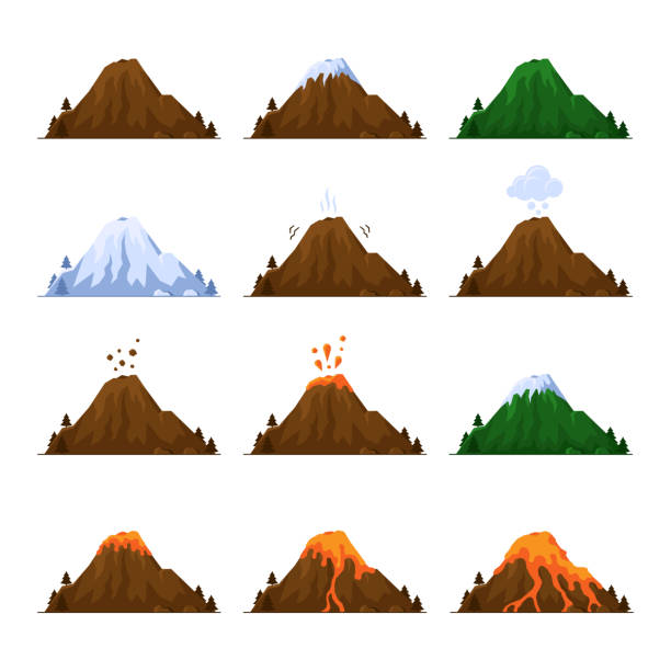 ilustraciones, imágenes clip art, dibujos animados e iconos de stock de conjunto de iconos de montaña con volcán. vector de estilo de dibujos animados - volcano