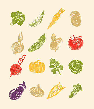 Vegetables, greenery and legumes abstract illustration. Flat vector. Vegetable icons, drawn style.