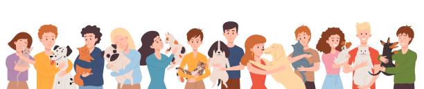 Pet owners hugging their dogs and cats, flat vector illustration on white background. Pet owners hugging their dogs and cats, flat vector illustration on white background. Group of men and women holding pets. Concept of friendship between human and animal. animal shelter stock illustrations