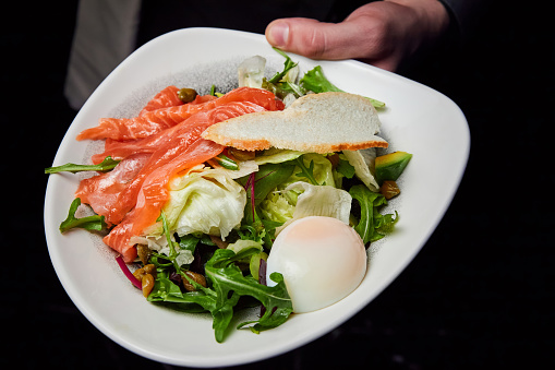 Waiter holding plate with salad from Norwegian salmon, poached egg and hollandaise sauce