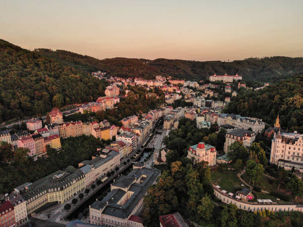 Karlovy Vary at sunset Czech republic Aerial view