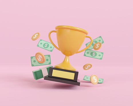 3d render trophy and money coin on poduim pink background. Concept of financial awarding. return and investment. spending and income. 3d rendering illustration minimal style.financial freedom.