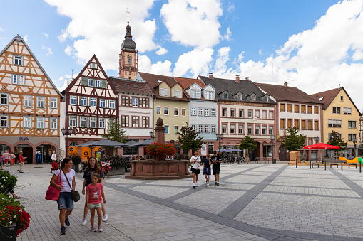 Tauberbischofsheim, Germany, September 7, 2022; Market square in the center of the picturesque town of Tauberbischofsheim; Bavaria.