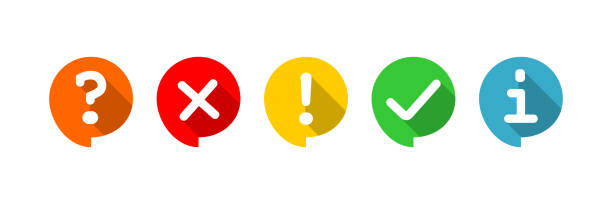 Check mark, cross, question mark, exclamation point, information icon set. Color circle buble information symbol. Sign app button vector flat. Check mark, cross, question mark, exclamation point, information icon set. Color circle buble information illustration symbol. Sign app button vector flat. buble stock illustrations