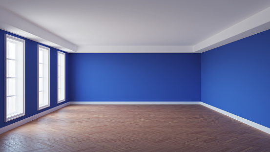 Interior Concept with Dark Blue Walls, White Ceiling and Cornice, Three Large Windows, Glossy Herringbone Parquet Floor and a White Plinth. Beautiful Room Concept. 3d rendering, 8K Ultra HD, 7680x4320