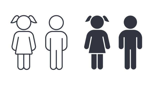 stockillustraties, clipart, cartoons en iconen met vector boy and girl icons. editable stroke. set of line silhouette icons of children. kids signs toilet changing room bathroom. isolated elements on white background - meisjes