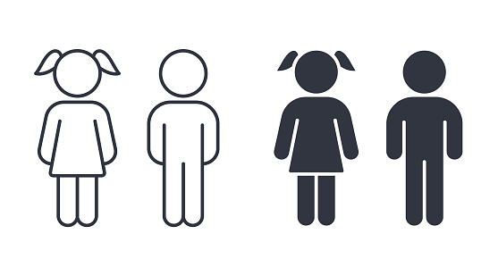 Vector boy and girl icons. Editable stroke. Set of line silhouette icons of children. Kids signs toilet changing room bathroom. Isolated elements on white background.